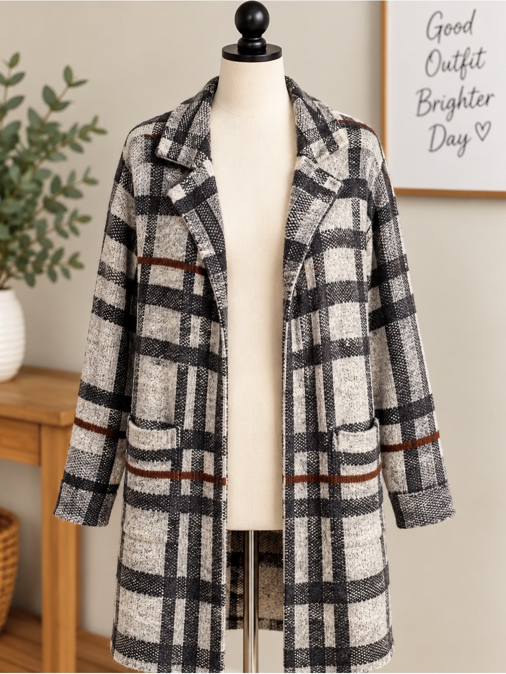 Monteau Los Angeles Plaid Long Cardigan Sweater Coat Size S